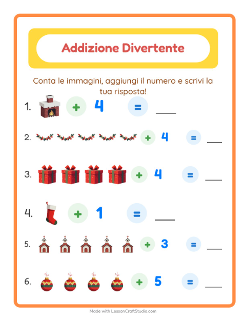 Anteprima della scheda di Addizione con Natale per Scuola dell'infanzia (5-7 anni)