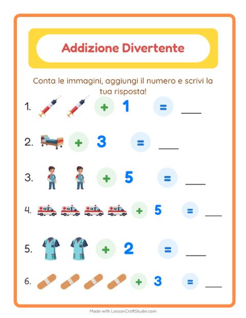 Anteprima della scheda di Addizione con Ospedale per Scuola dell'infanzia (5-7 anni)