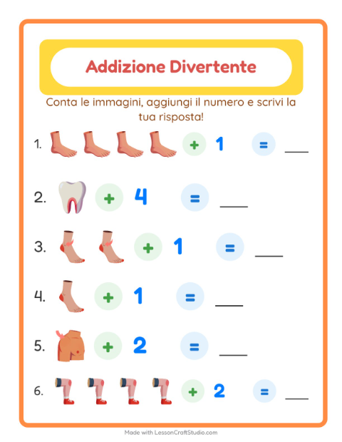 Anteprima della scheda di Addizione con Parti del corpo per Scuola dell'infanzia (5-7 anni)