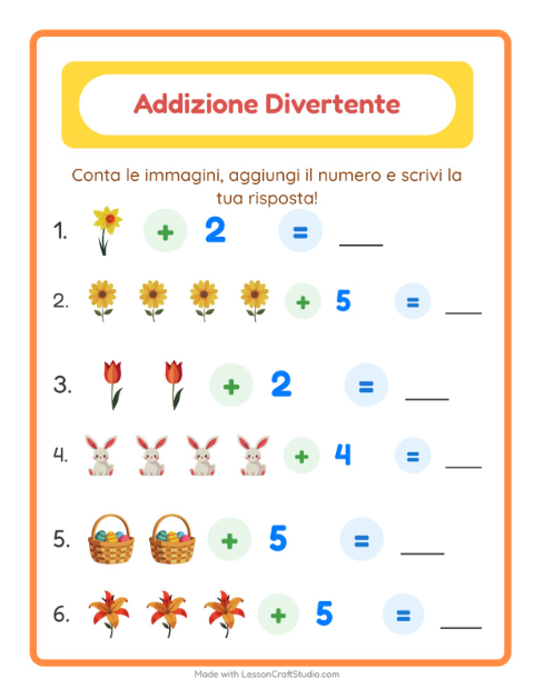 Anteprima della scheda di Addizione con Pasqua per Scuola dell'infanzia (5-7 anni)