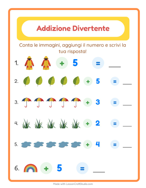 Anteprima della scheda di Addizione con Primavera per Scuola dell'infanzia (5-7 anni)