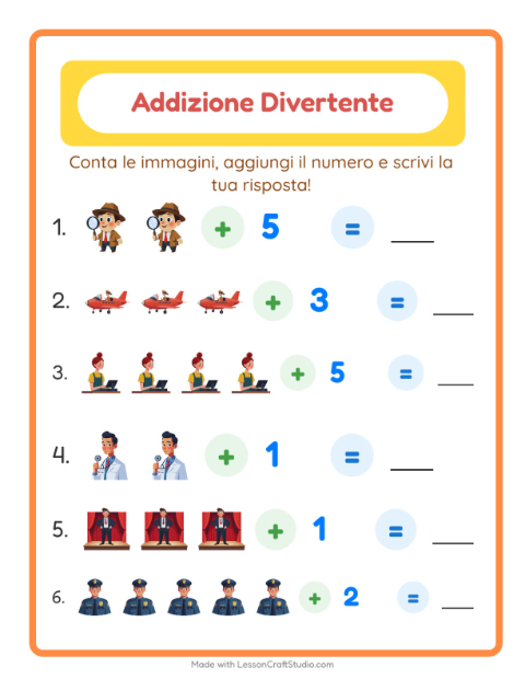 Anteprima della scheda di Addizione con Professioni per Scuola dell'infanzia (5-7 anni)