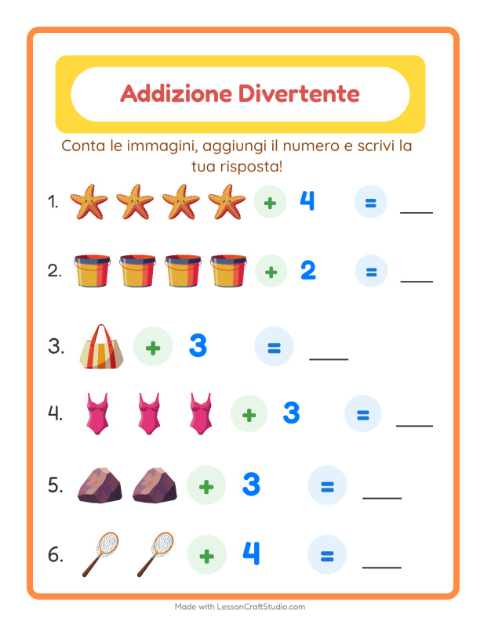 Anteprima della scheda di Addizione con Spiaggia per Scuola dell'infanzia (5-7 anni)