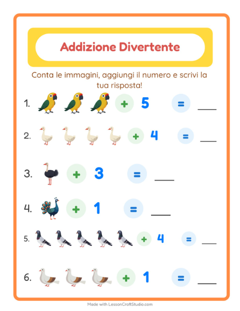 Anteprima della scheda di Addizione con Uccelli 2 per Scuola dell'infanzia (5-7 anni)