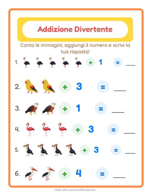 Anteprima della scheda di Addizione con Uccelli per Scuola dell'infanzia (5-7 anni)