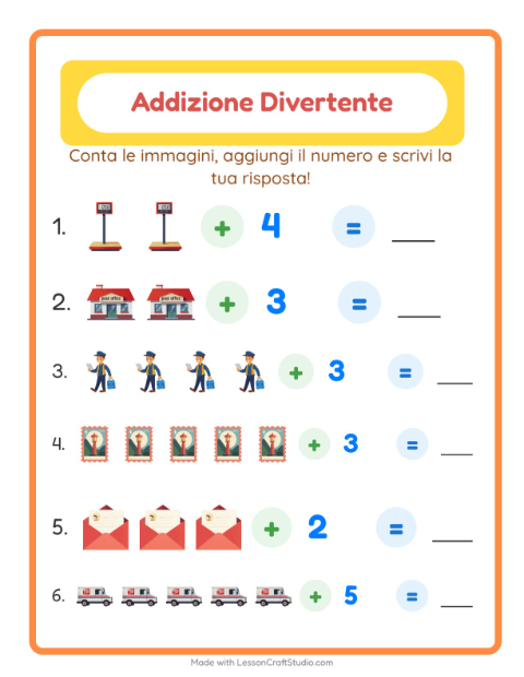 Anteprima della scheda di Addizione con Ufficio postale per Scuola dell'infanzia (5-7 anni)