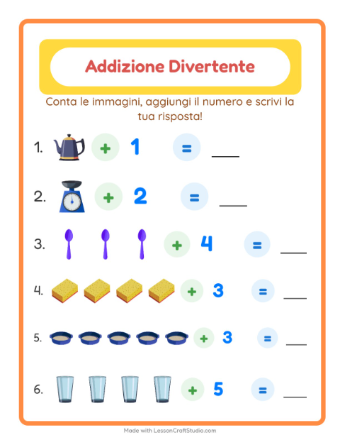 Anteprima della scheda di Addizione con Utensili da cucina per Scuola dell'infanzia (5-7 anni)