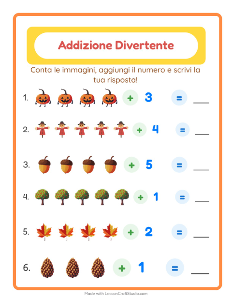 Anteprima della scheda di Addizione con Varie per Scuola dell'infanzia (5-7 anni)