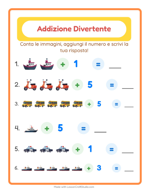 Anteprima della scheda di Addizione con Veicoli per Scuola dell'infanzia (5-7 anni)