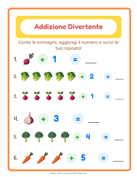 Anteprima della scheda di Addizione con Verdure per Scuola dell'infanzia (5-7 anni)
