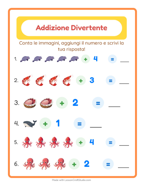 Anteprima della scheda di Addizione con Vita oceanica per Scuola dell'infanzia (5-7 anni)