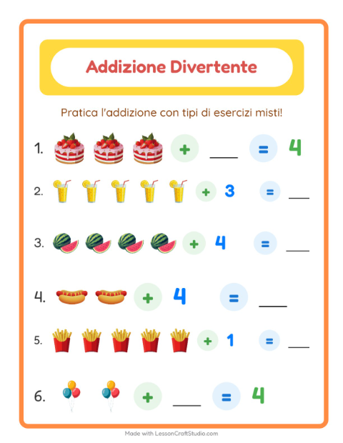 Anteprima della scheda di Addizione con 4 luglio per Scuola dell'infanzia (5-7 anni)