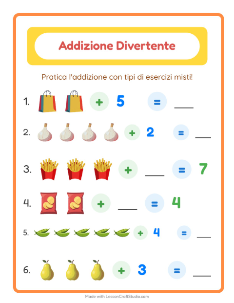 Anteprima della scheda di Addizione con Al supermercato per Scuola dell'infanzia (5-7 anni)