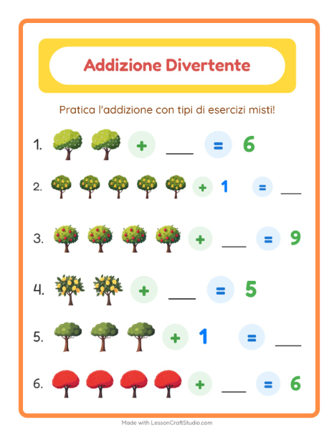 Anteprima della scheda di Addizione con Alberi per Scuola dell'infanzia (5-7 anni)