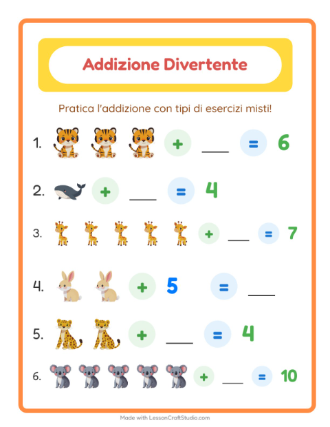 Anteprima della scheda di Addizione con Animali per Scuola dell'infanzia (5-7 anni)