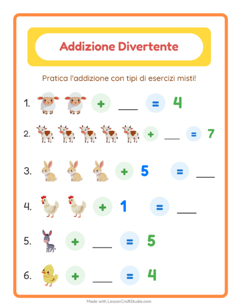 Anteprima della scheda di Addizione con Animali della fattoria per Scuola dell'infanzia (5-7 anni)