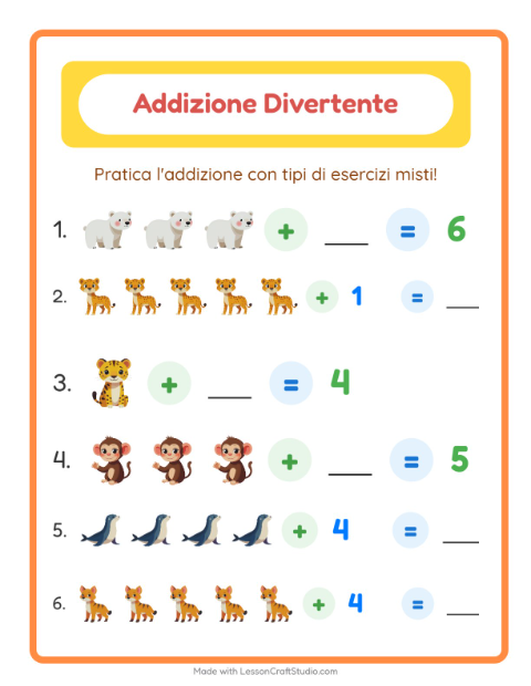 Anteprima della scheda di Addizione con Animali dello zoo per Scuola dell'infanzia (5-7 anni)