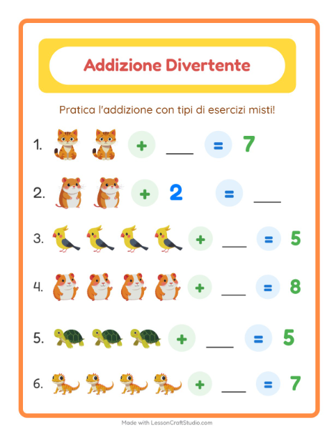 Anteprima della scheda di Addizione con Animali domestici per Scuola dell'infanzia (5-7 anni)