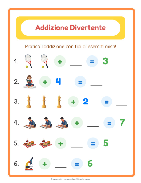 Anteprima della scheda di Addizione con Attività per Scuola dell'infanzia (5-7 anni)