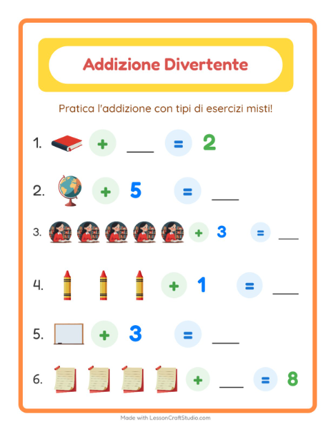 Anteprima della scheda di Addizione con Aula per Scuola dell'infanzia (5-7 anni)