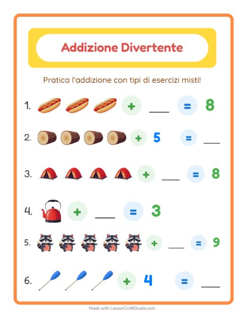 Anteprima della scheda di Addizione con Campeggio per Scuola dell'infanzia (5-7 anni)