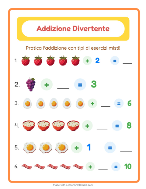Anteprima della scheda di Addizione con Colazione per Scuola dell'infanzia (5-7 anni)