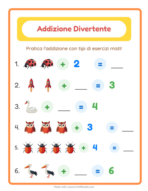 Anteprima della scheda di Addizione con Cose che volano per Scuola dell'infanzia (5-7 anni)