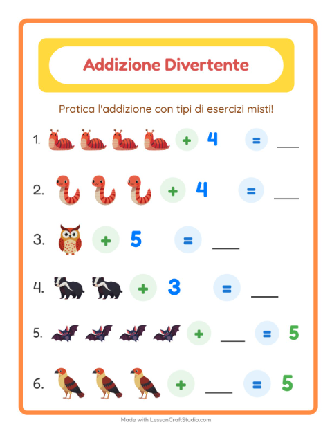 Anteprima della scheda di Addizione con Creature della foresta per Scuola dell'infanzia (5-7 anni)