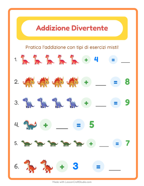 Anteprima della scheda di Addizione con Dinosauri per Scuola dell'infanzia (5-7 anni)