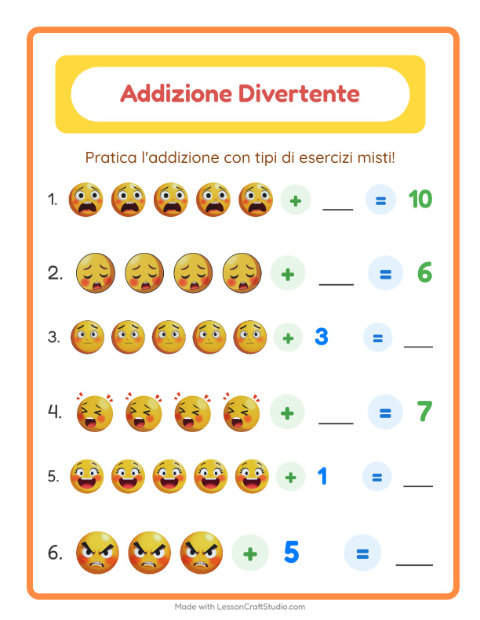 Anteprima della scheda di Addizione con Emozioni per Scuola dell'infanzia (5-7 anni)