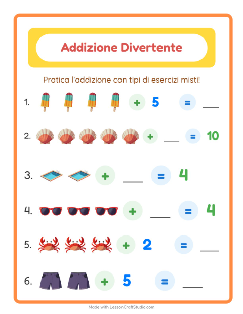 Anteprima della scheda di Addizione con Estate per Scuola dell'infanzia (5-7 anni)