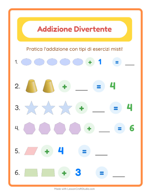 Anteprima della scheda di Addizione con Forme per Scuola dell'infanzia (5-7 anni)