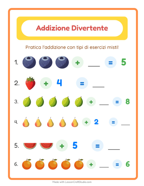 Anteprima della scheda di Addizione con Frutta per Scuola dell'infanzia (5-7 anni)
