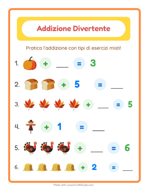 Anteprima della scheda di Addizione con Giorno del Ringraziamento per Scuola dell'infanzia (5-7 anni)