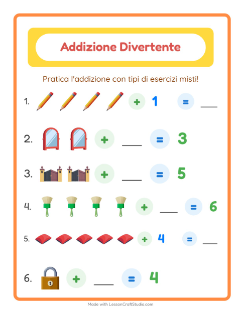 Anteprima della scheda di Addizione con In giro per casa per Scuola dell'infanzia (5-7 anni)