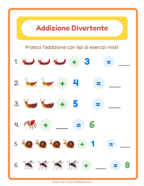 Anteprima della scheda di Addizione con Insetti e scarafaggi per Scuola dell'infanzia (5-7 anni)