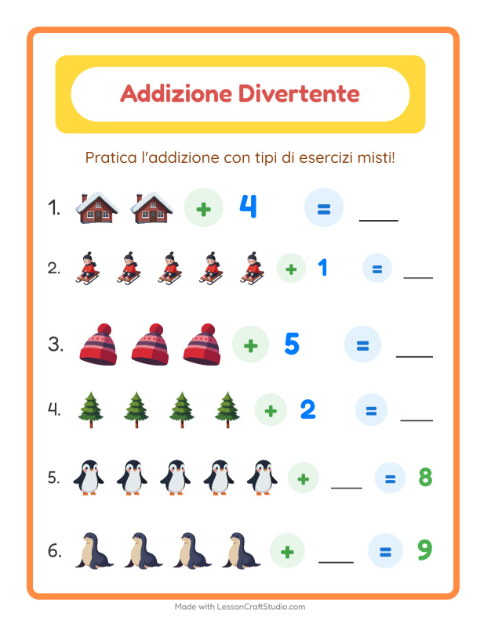 Anteprima della scheda di Addizione con Inverno per Scuola dell'infanzia (5-7 anni)