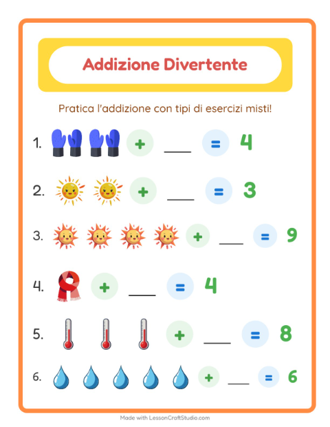 Anteprima della scheda di Addizione con Meteo per Scuola dell'infanzia (5-7 anni)