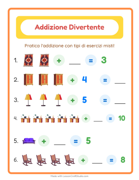 Anteprima della scheda di Addizione con Mobili per Scuola dell'infanzia (5-7 anni)