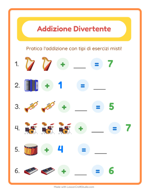 Anteprima della scheda di Addizione con Musica per Scuola dell'infanzia (5-7 anni)