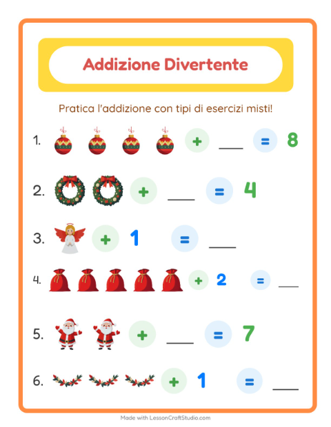 Anteprima della scheda di Addizione con Natale per Scuola dell'infanzia (5-7 anni)