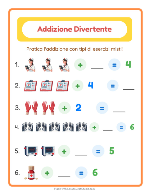 Anteprima della scheda di Addizione con Ospedale per Scuola dell'infanzia (5-7 anni)