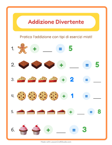 Anteprima della scheda di Addizione con Panetteria per Scuola dell'infanzia (5-7 anni)