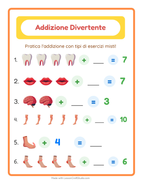 Anteprima della scheda di Addizione con Parti del corpo per Scuola dell'infanzia (5-7 anni)