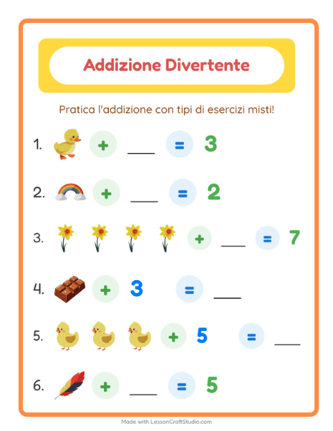 Anteprima della scheda di Addizione con Pasqua per Scuola dell'infanzia (5-7 anni)
