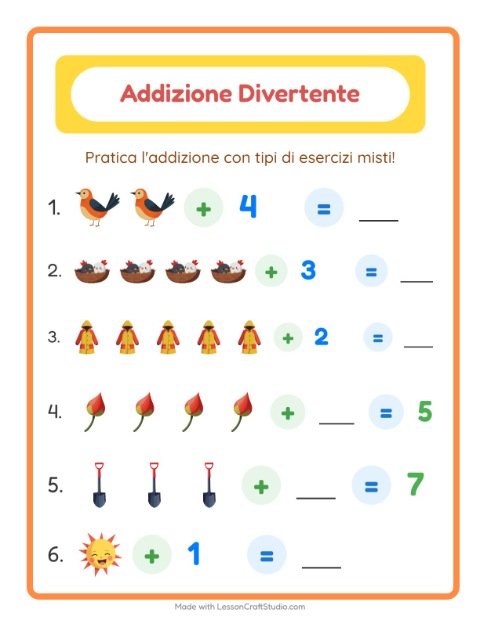 Anteprima della scheda di Addizione con Primavera per Scuola dell'infanzia (5-7 anni)