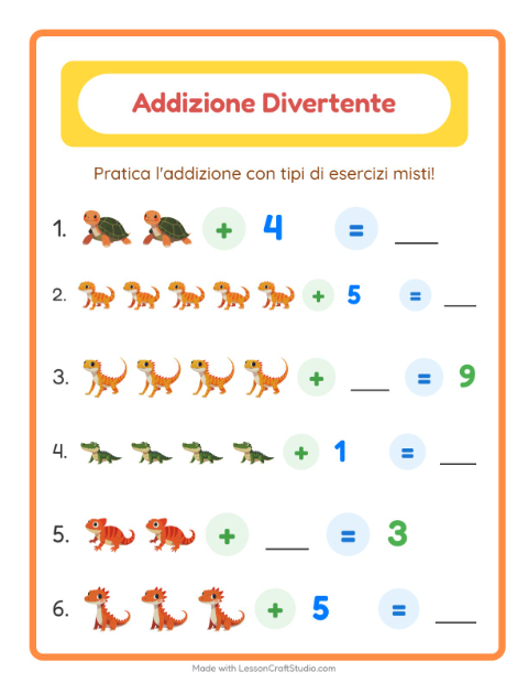 Anteprima della scheda di Addizione con Rettili e anfibi per Scuola dell'infanzia (5-7 anni)