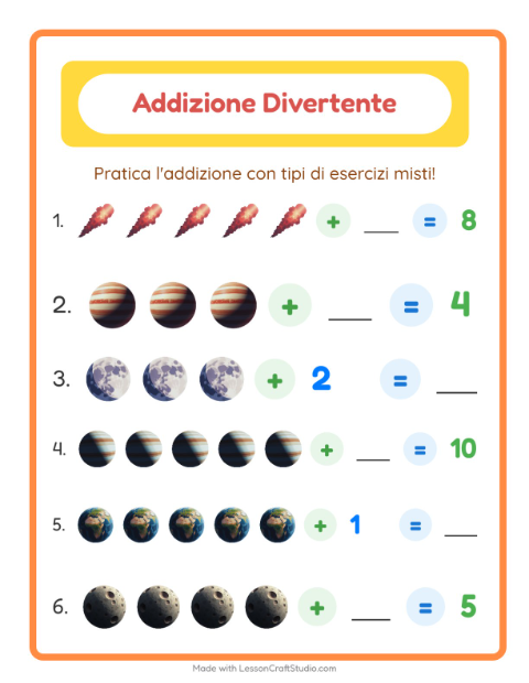 Anteprima della scheda di Addizione con Spazio per Scuola dell'infanzia (5-7 anni)