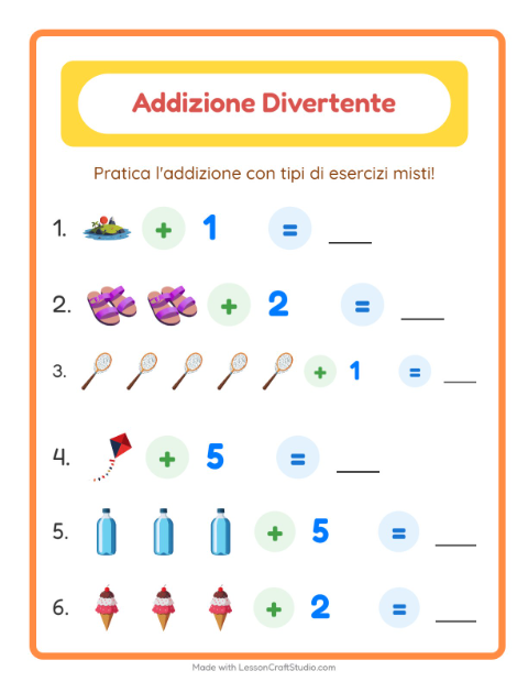 Anteprima della scheda di Addizione con Spiaggia per Scuola dell'infanzia (5-7 anni)