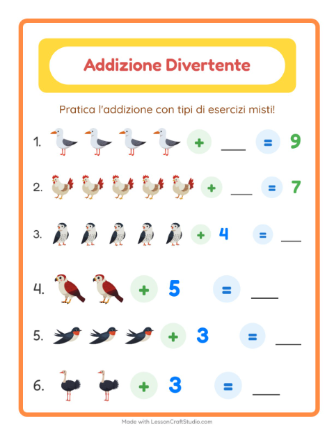 Anteprima della scheda di Addizione con Uccelli 2 per Scuola dell'infanzia (5-7 anni)